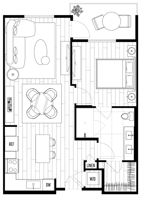 Floor plan for 1 bed, 1 bath, 788 sqft